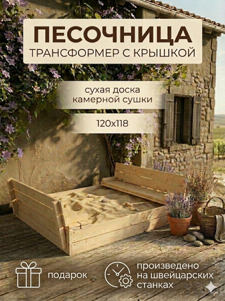 Песочница с крышкой шлифованная